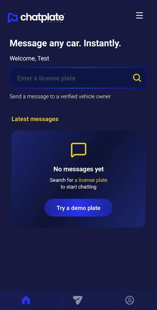 ChatPlate home screen — search a license plate